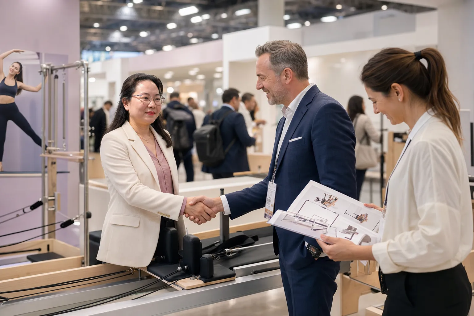 Lumina founder meeting international buyers at a Pilates equipment exhibition