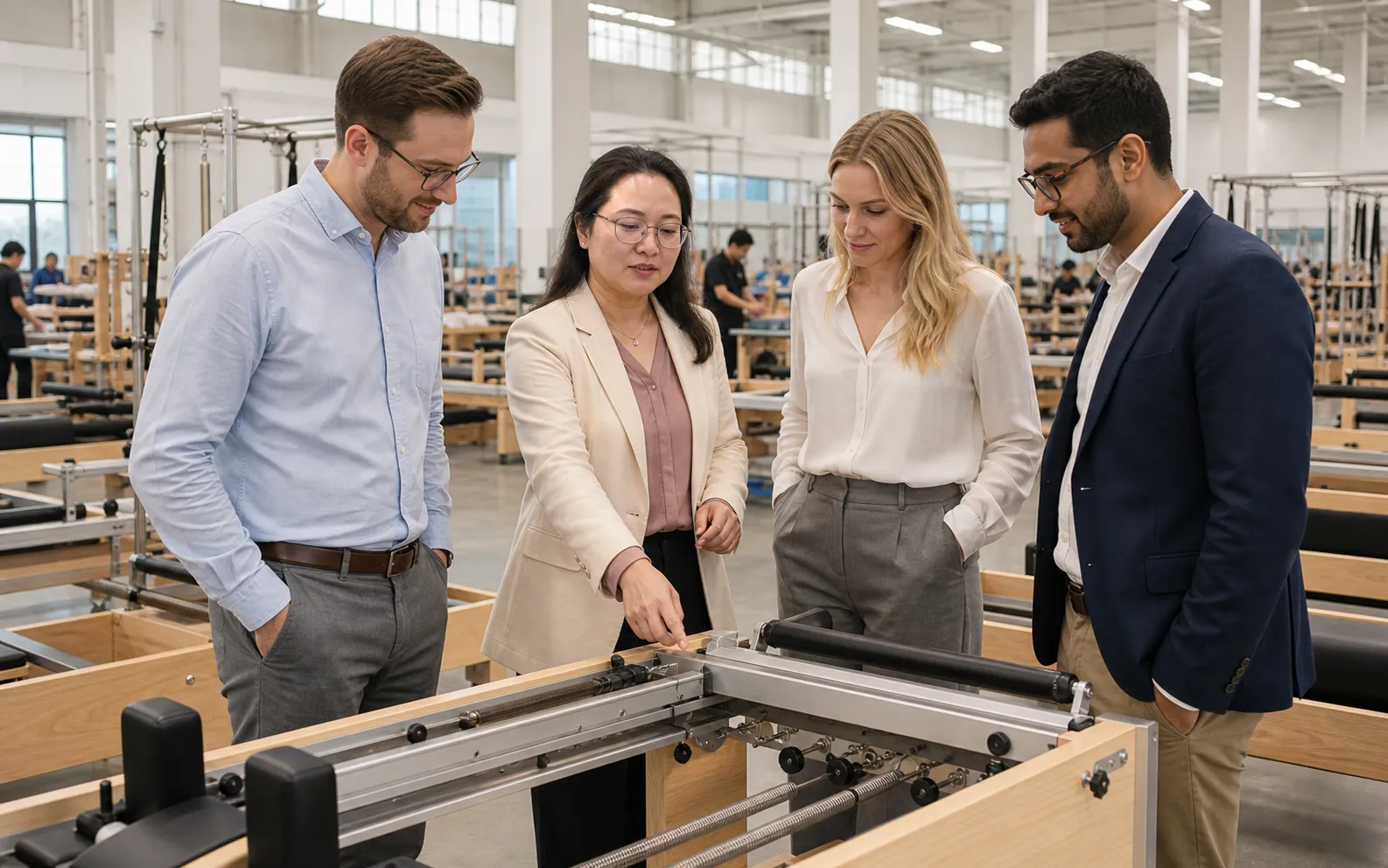 Lumina founder guiding overseas customers through a Pilates equipment factory