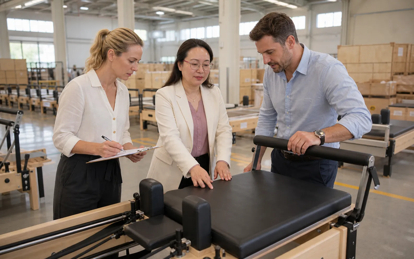 International buyers inspecting a Lumina Pilates reformer with the founder