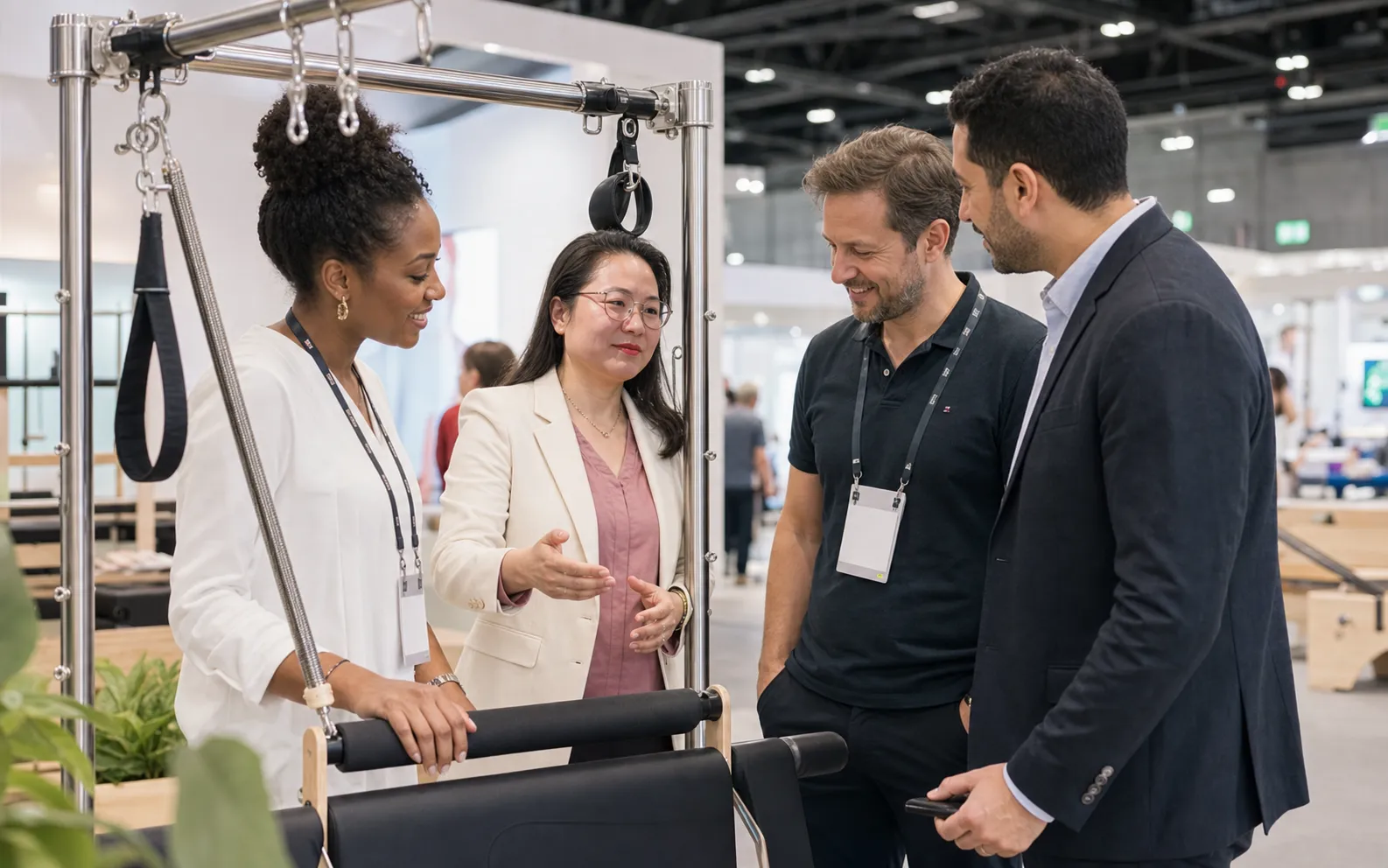 Lumina founder presenting Pilates equipment to global buyers at a trade show