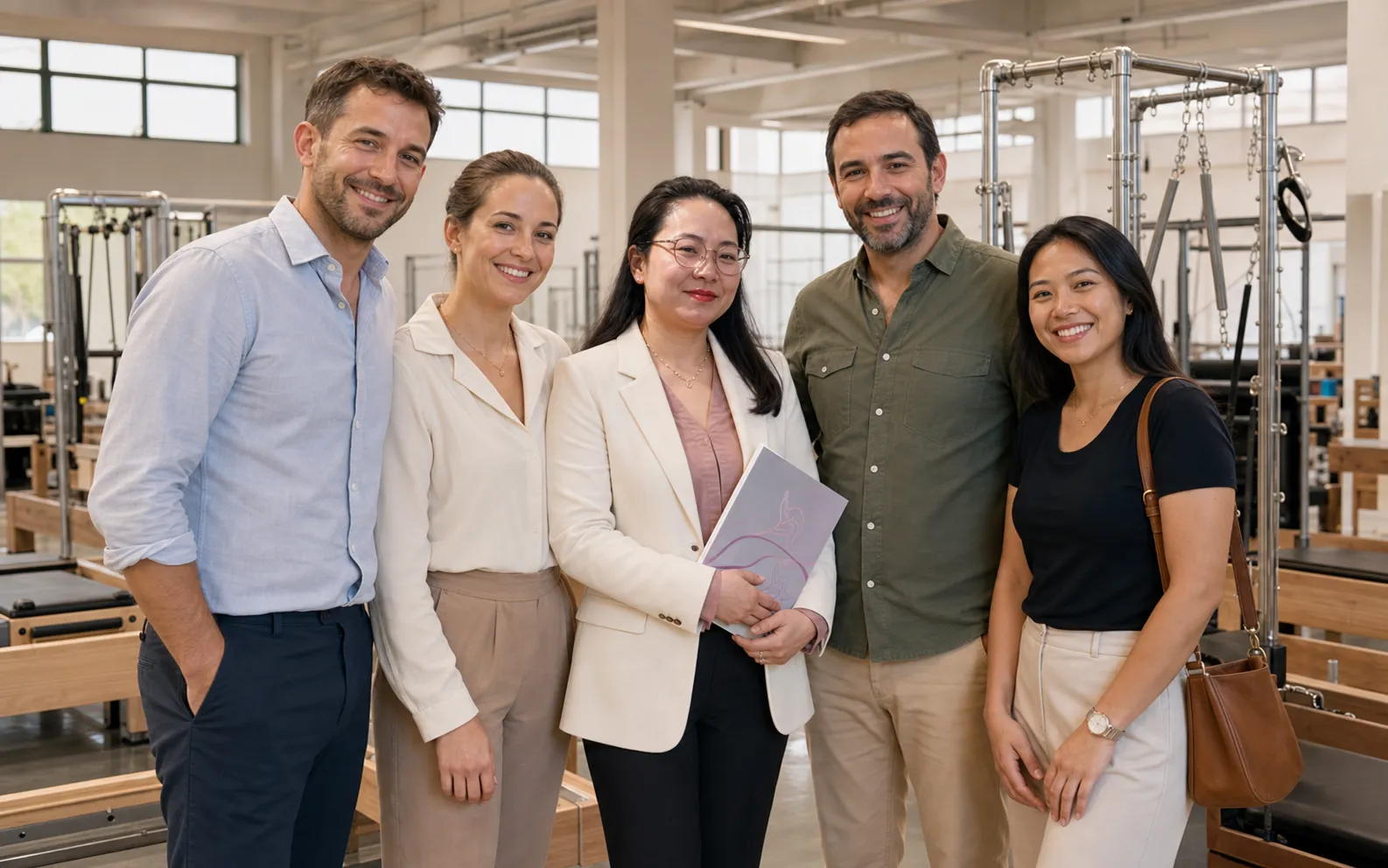 Lumina founder with happy international Pilates equipment customers in a showroom