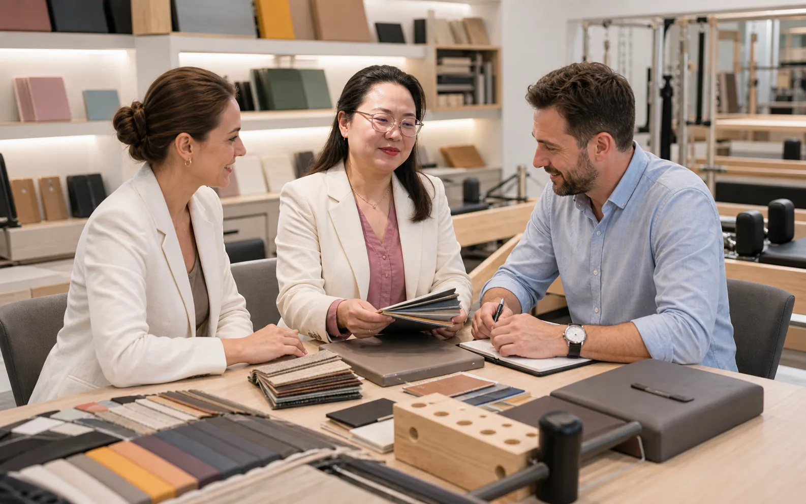 Lumina founder discussing upholstery and OEM options with overseas private label buyers