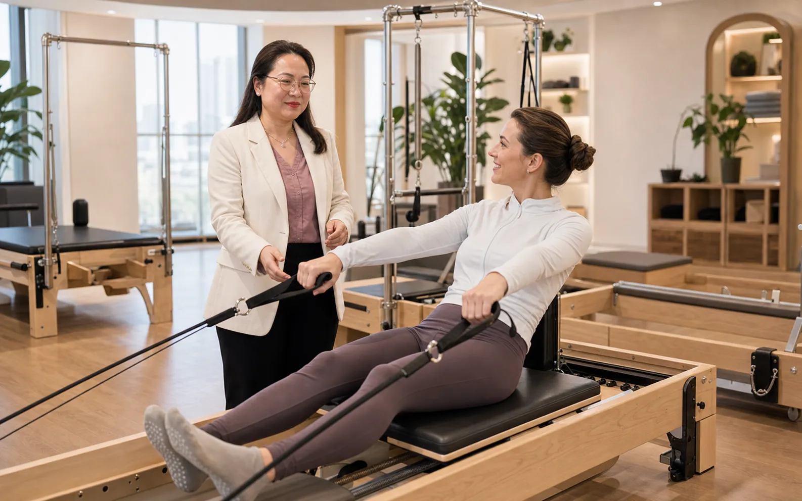 Overseas studio owner testing a Lumina Pilates reformer with the founder