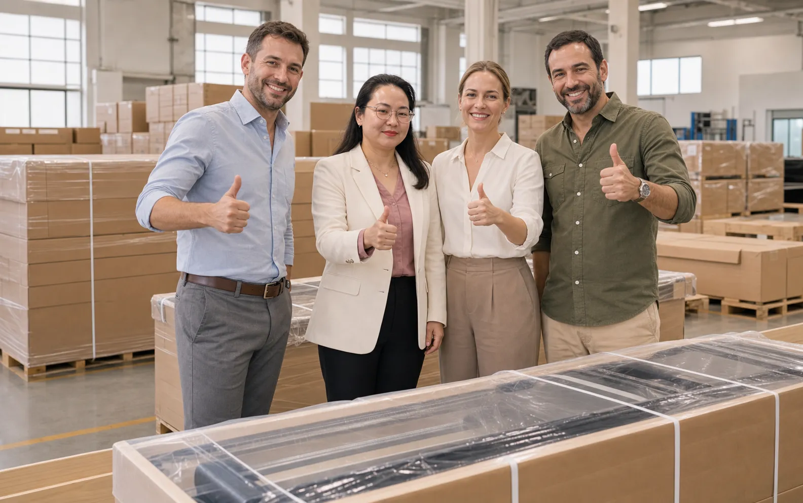 Lumina founder and overseas customers in an export packing area