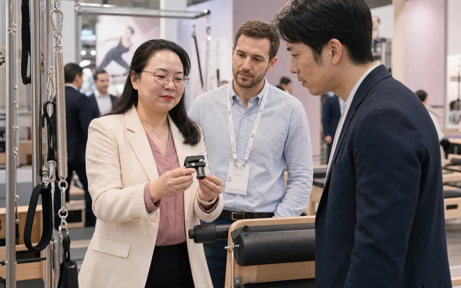 Lumina founder explaining Pilates equipment details to a foreign buyer at an exhibition