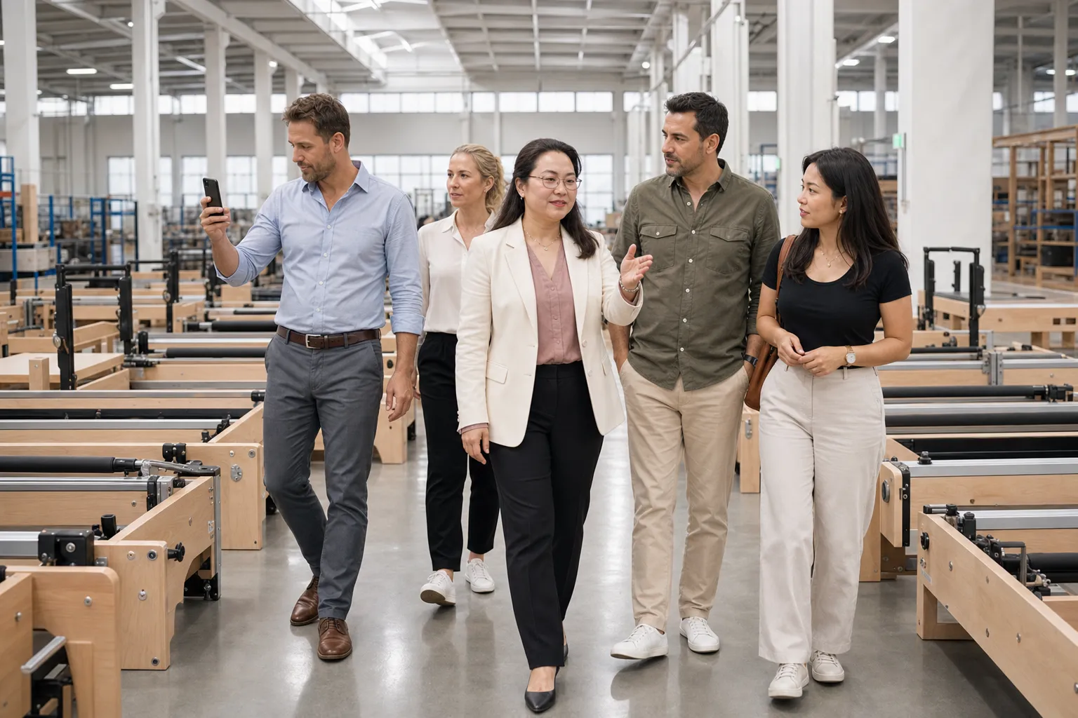 Lumina founder leading international customers through a Pilates equipment factory