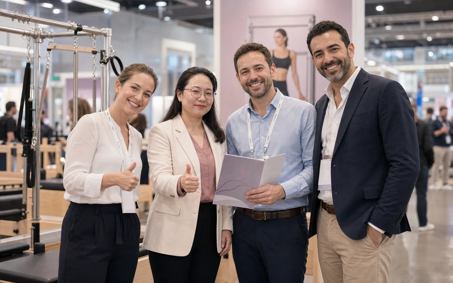 Lumina founder with happy foreign customers at a Pilates trade show booth